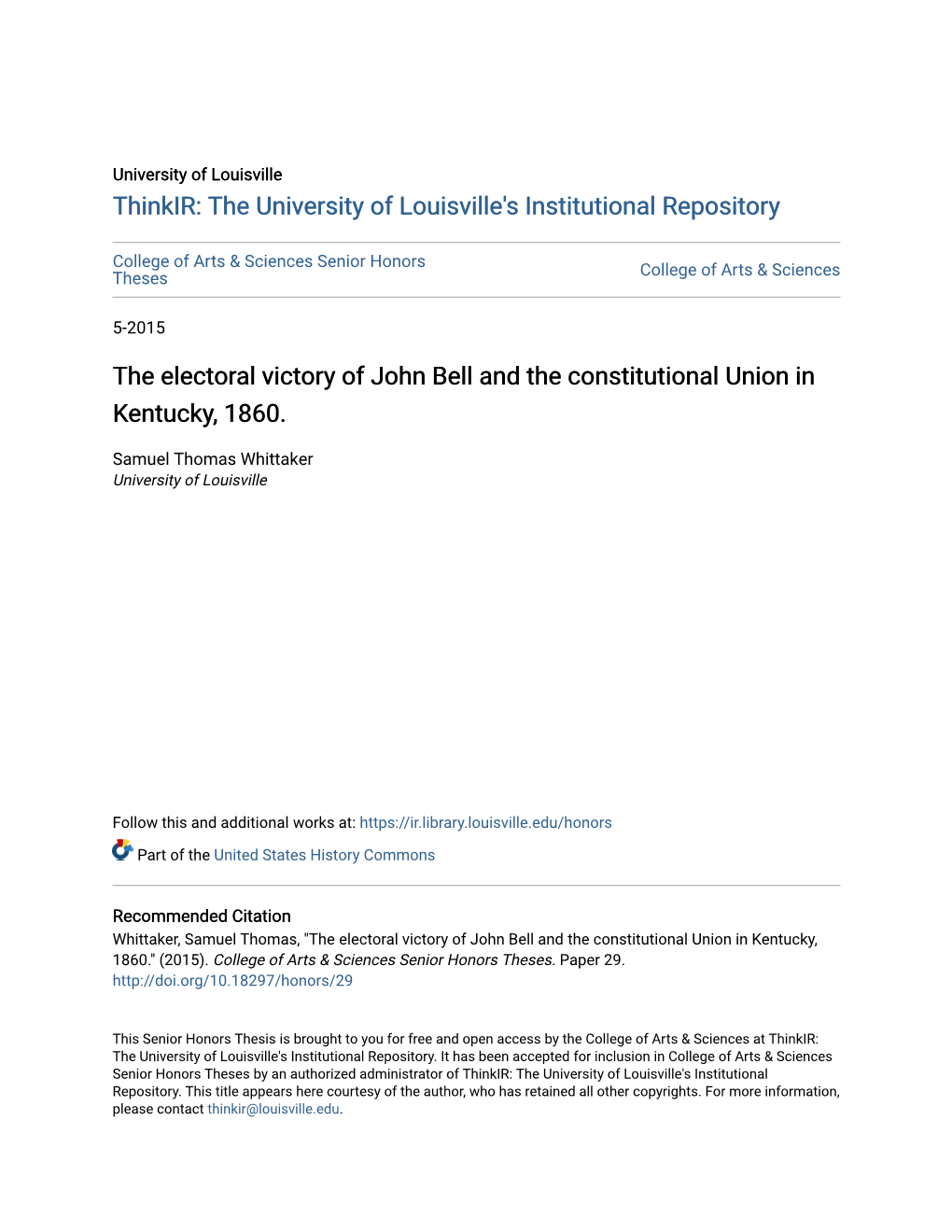 The Electoral Victory of John Bell and the Constitutional Union in Kentucky, 1860