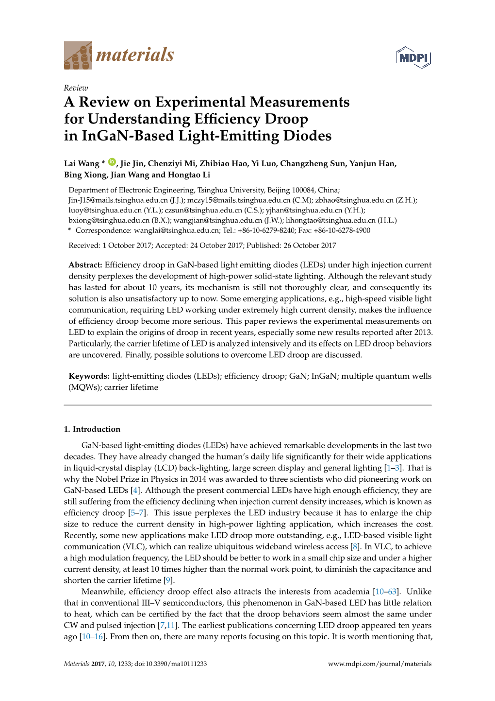 A Review on Experimental Measurements for Understanding Efﬁciency Droop in Ingan-Based Light-Emitting Diodes