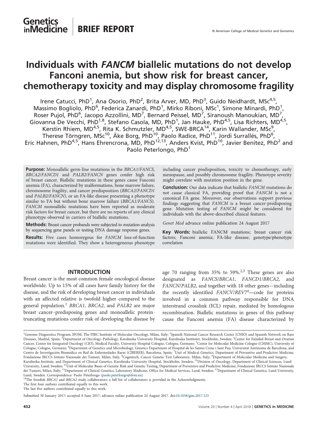 Individuals with FANCM Biallelic Mutations Do Not Develop Fanconi Anemia, but Show Risk for Breast Cancer, Chemotherapy Toxicity and May Display Chromosome Fragility