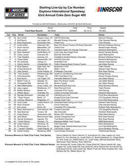 Starting Line-Up by Car Number Daytona International Speedway 63Rd Annual Coke Zero Sugar 400