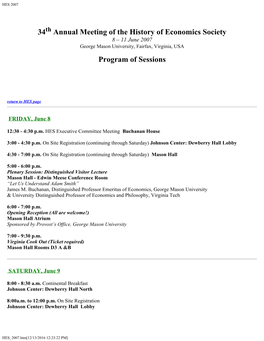 34 Annual Meeting of the History of Economics Society Program Of