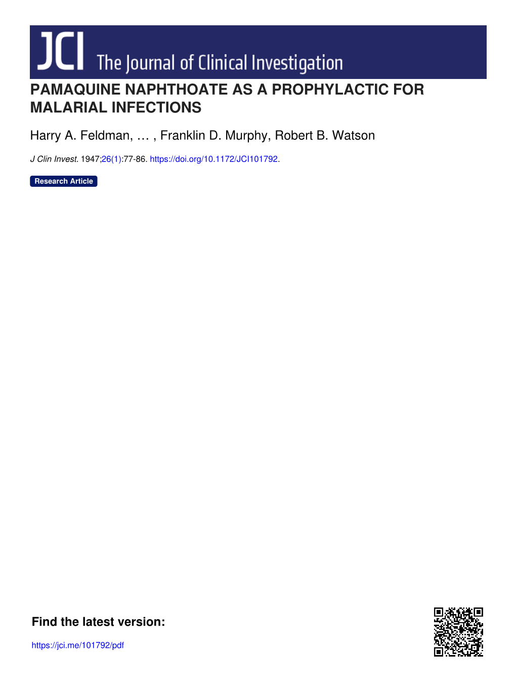 Pamaquine Naphthoate As a Prophylactic for Malarial Infections