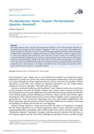The Macedonian “Name” Dispute: the Macedonian Question—Resolved?