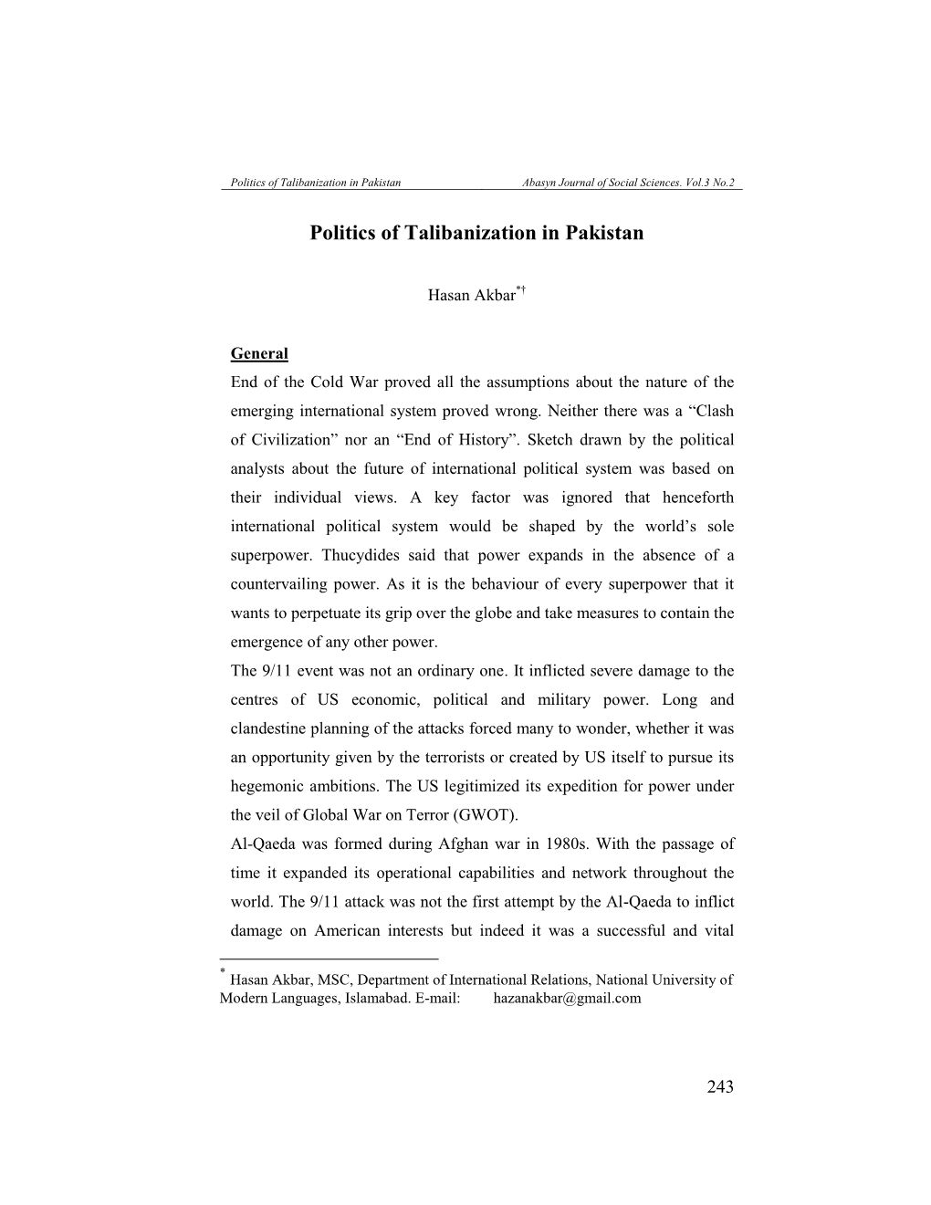 Politics of Talibanization in Pakistan Abasyn Journal of Social Sciences
