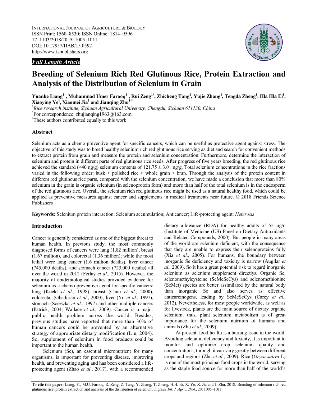 Breeding of Selenium Rich Red Glutinous Rice, Protein Extraction and Analysis of the Distribution of Selenium in Grain