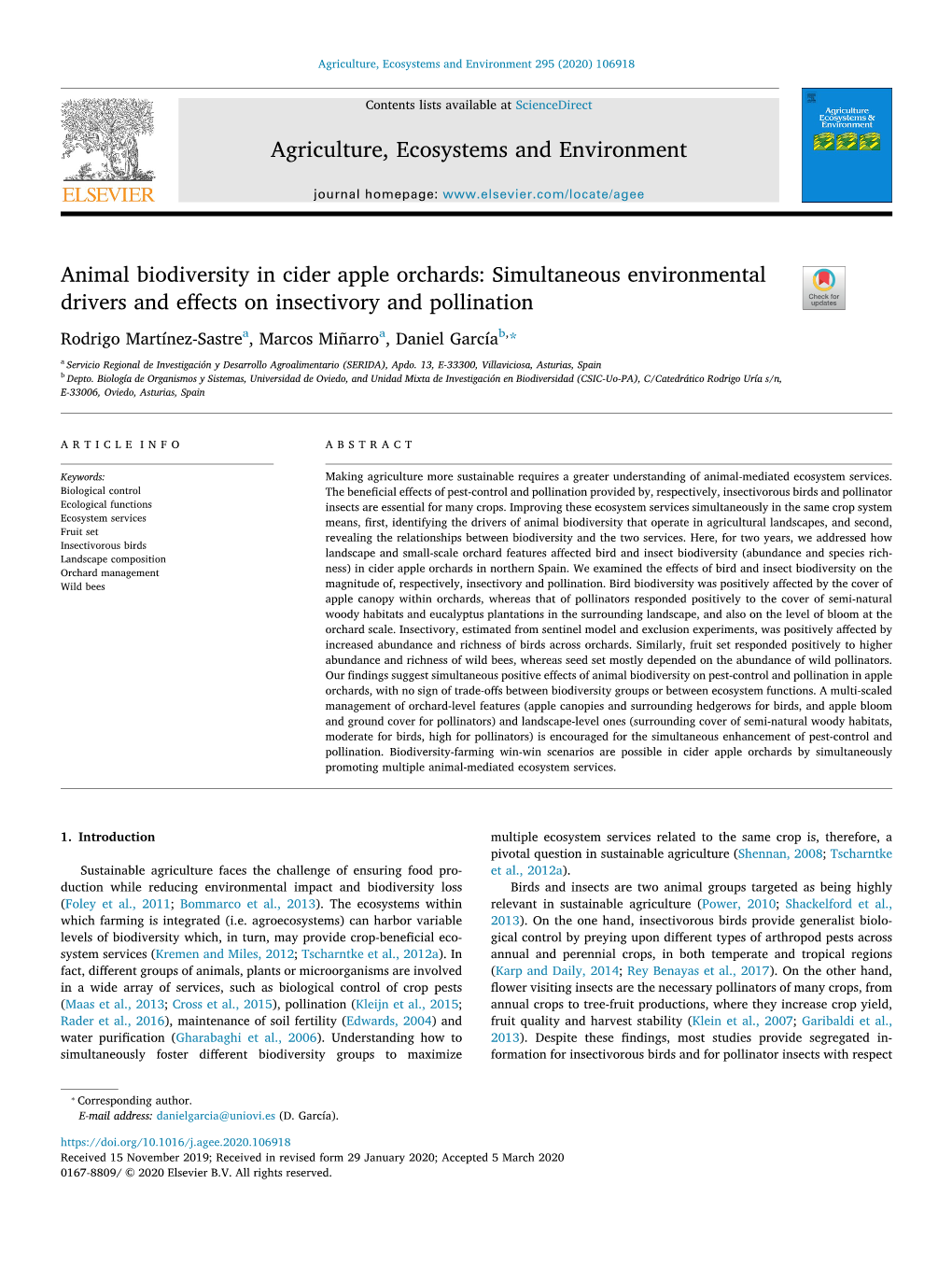 Animal Biodiversity in Cider Apple Orchards Simultaneous Environmental Drivers and Effects on Insectivory and Pollination