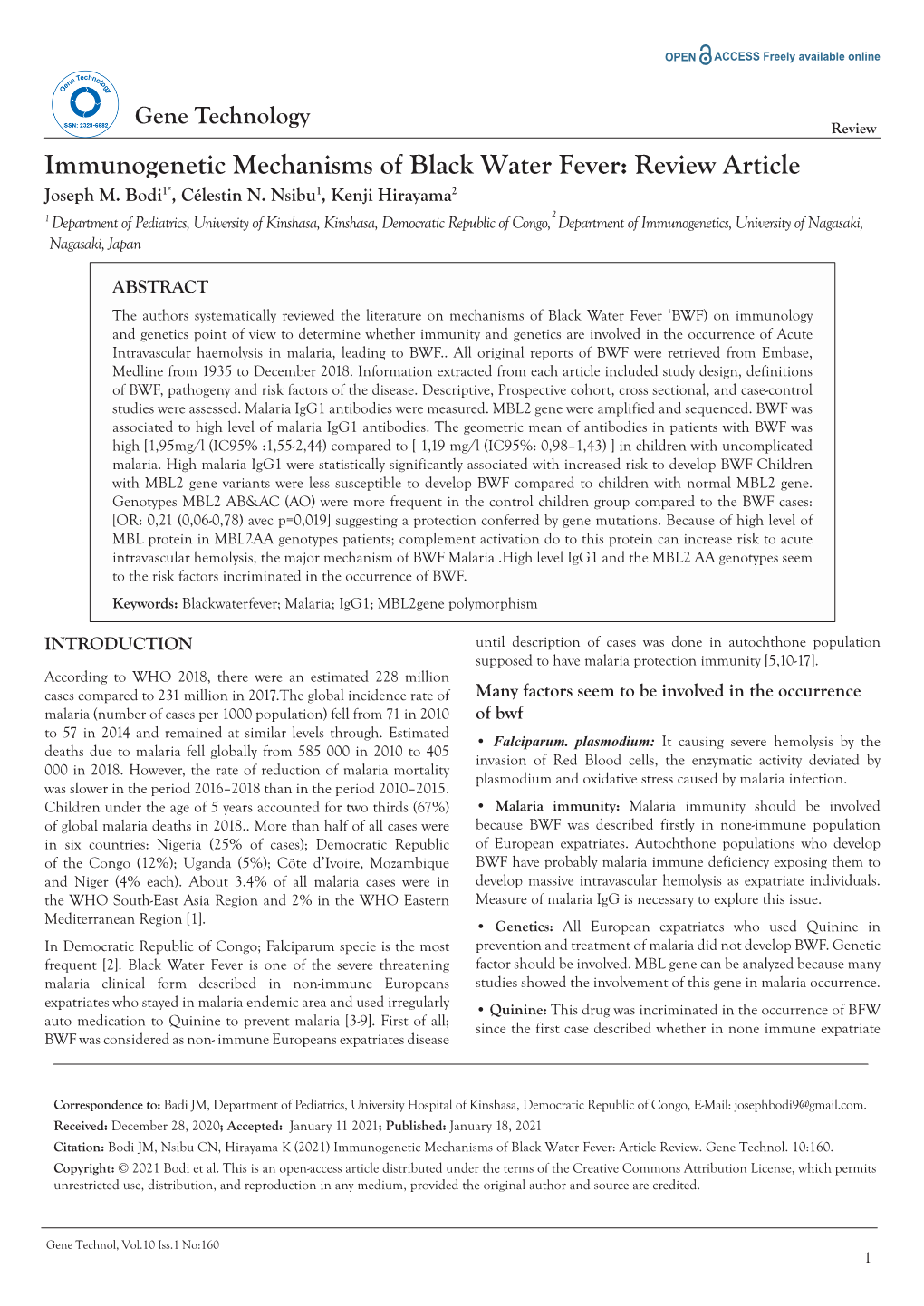 Immunogenetic Mechanisms of Black Water Fever: Review Article Joseph M