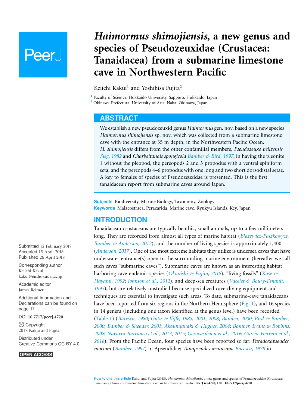 Haimormus Shimojiensis, a New Genus and Species of Pseudozeuxidae (Crustacea: Tanaidacea) from a Submarine Limestone Cave in Northwestern Paciﬁc