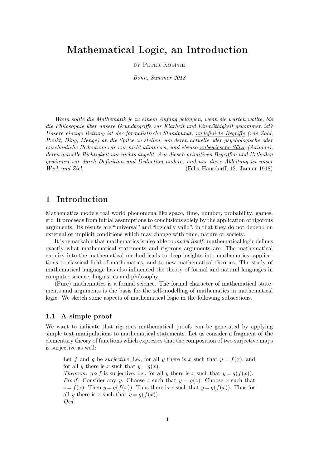 Mathematical Logic, an Introduction