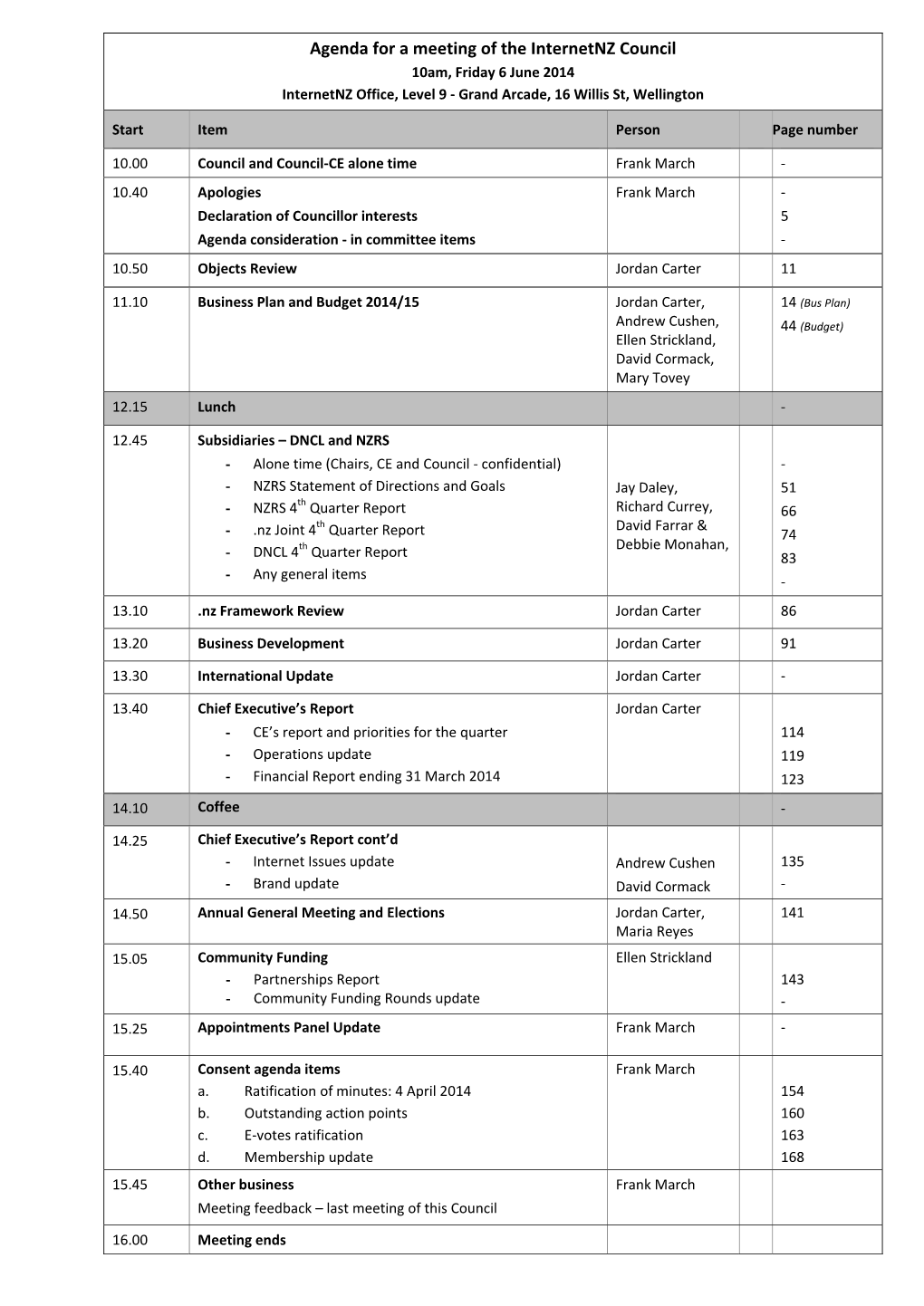 Agenda for a Meeting of the Internetnz Council 10Am, Friday 6 June 2014 Internetnz Office, Level 9 ‐ Grand Arcade, 16 Willis St, Wellington