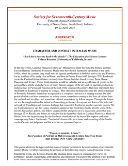 Society for Seventeenth-Century Music Fifteenth Annual Conference University of Notre Dame, South Bend, Indiana 19-22 April 2007