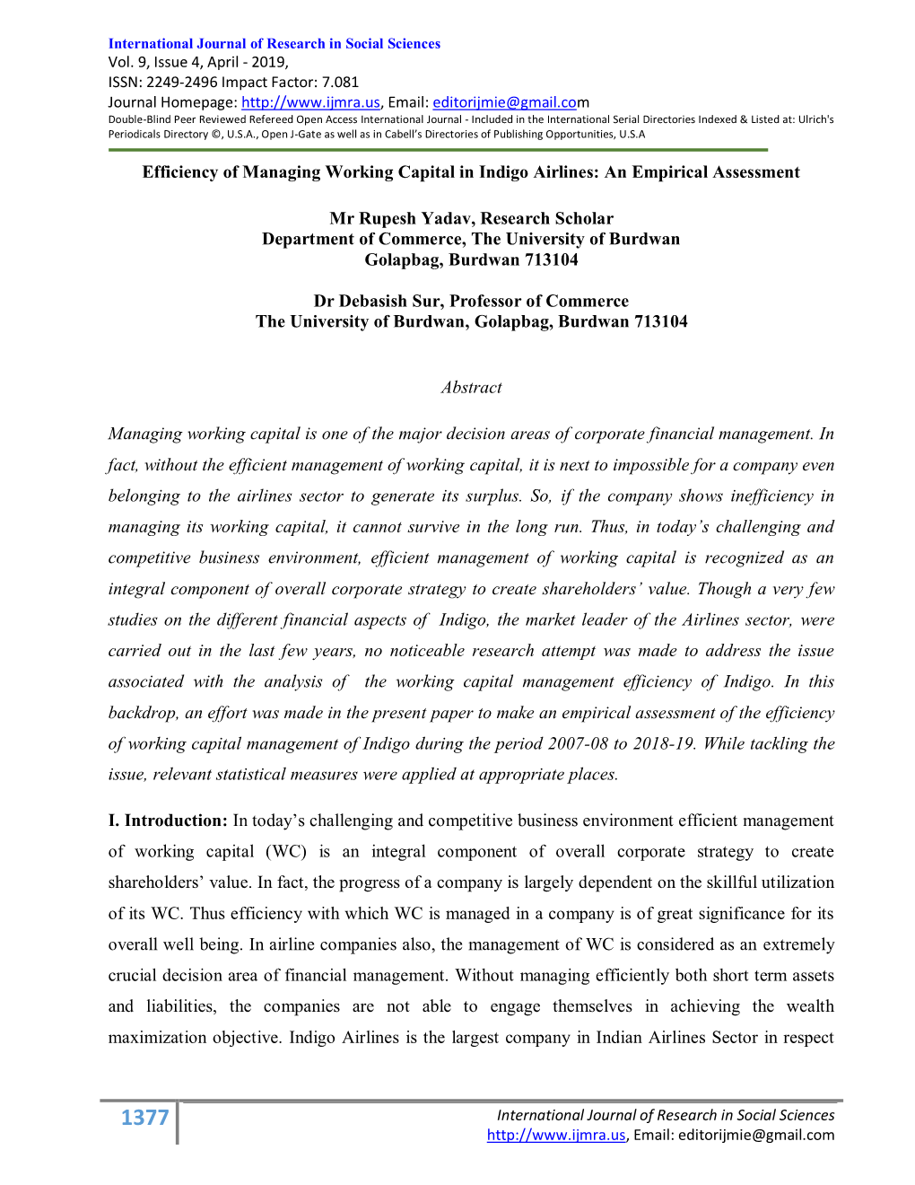 Efficiency of Managing Working Capital in Indigo Airlines: an Empirical Assessment