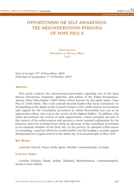 The Misunderstood Persona of Pope Pius II