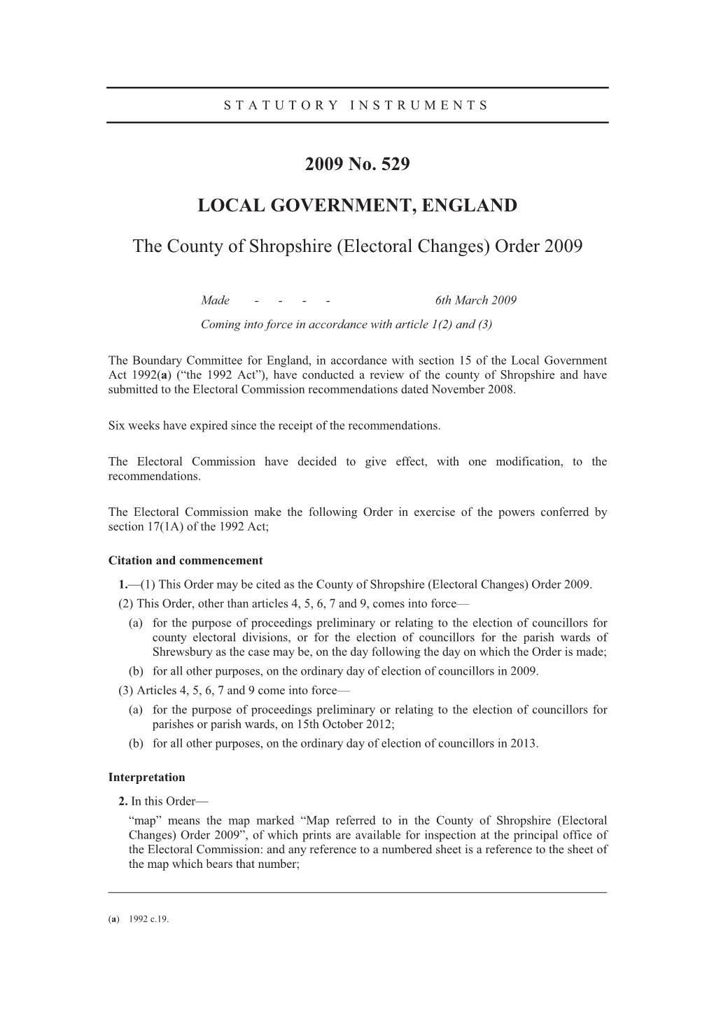 Electoral Changes) Order 2009
