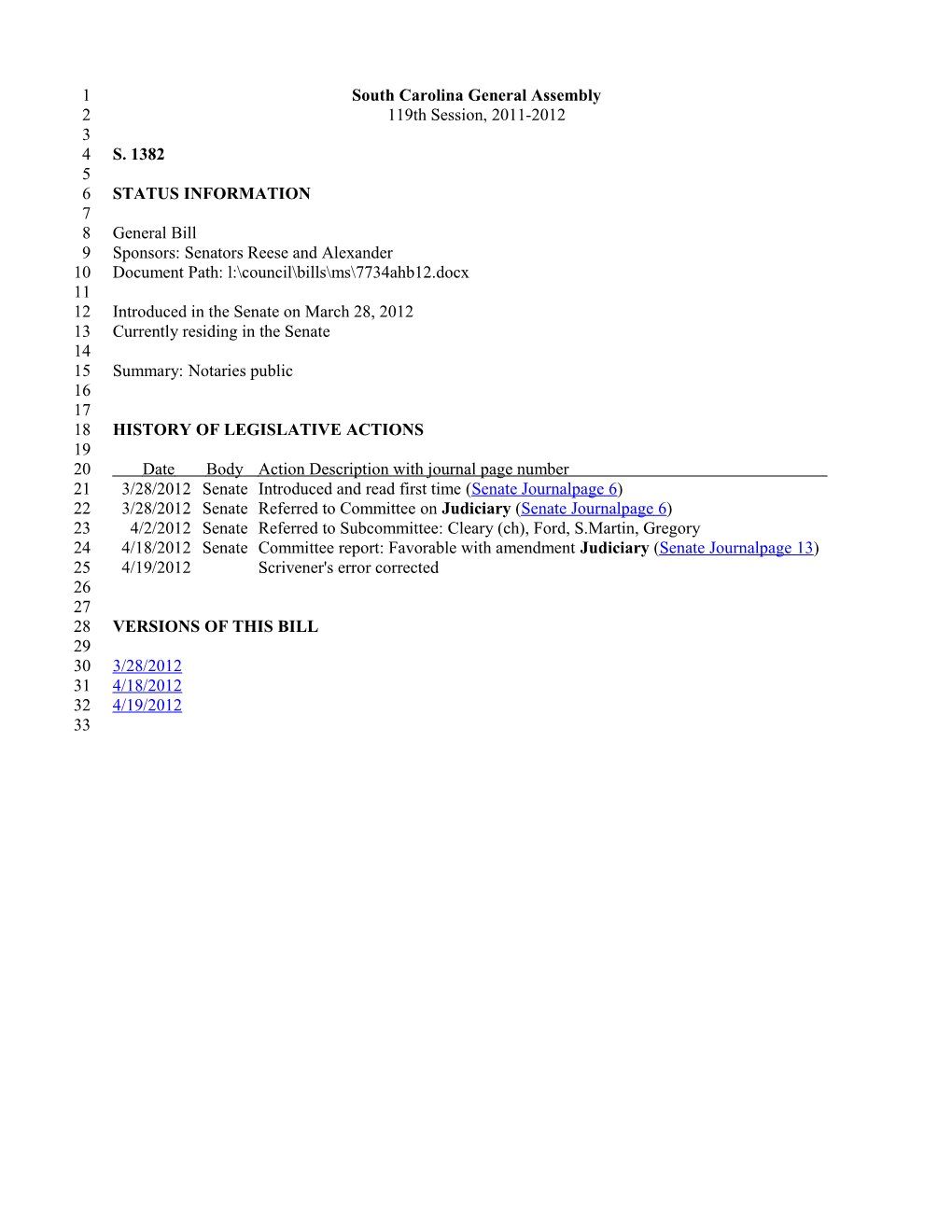 2011-2012 Bill 1382: Notaries Public - South Carolina Legislature Online