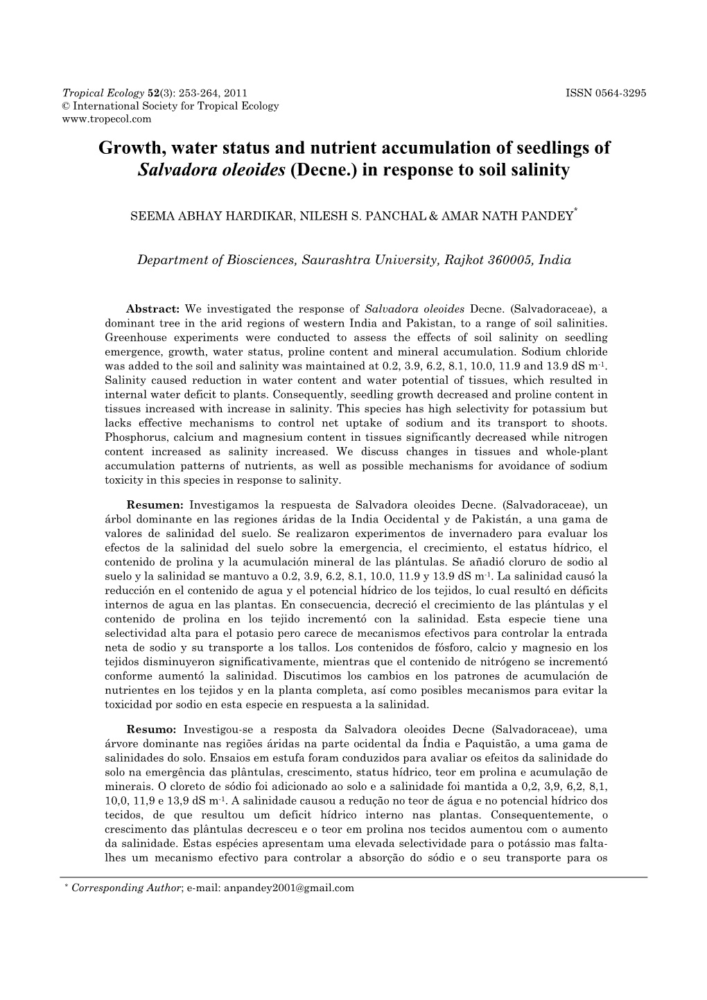 Growth, Water Status and Nutrient Accumulation of Seedlings of Salvadora Oleoides (Decne.) in Response to Soil Salinity