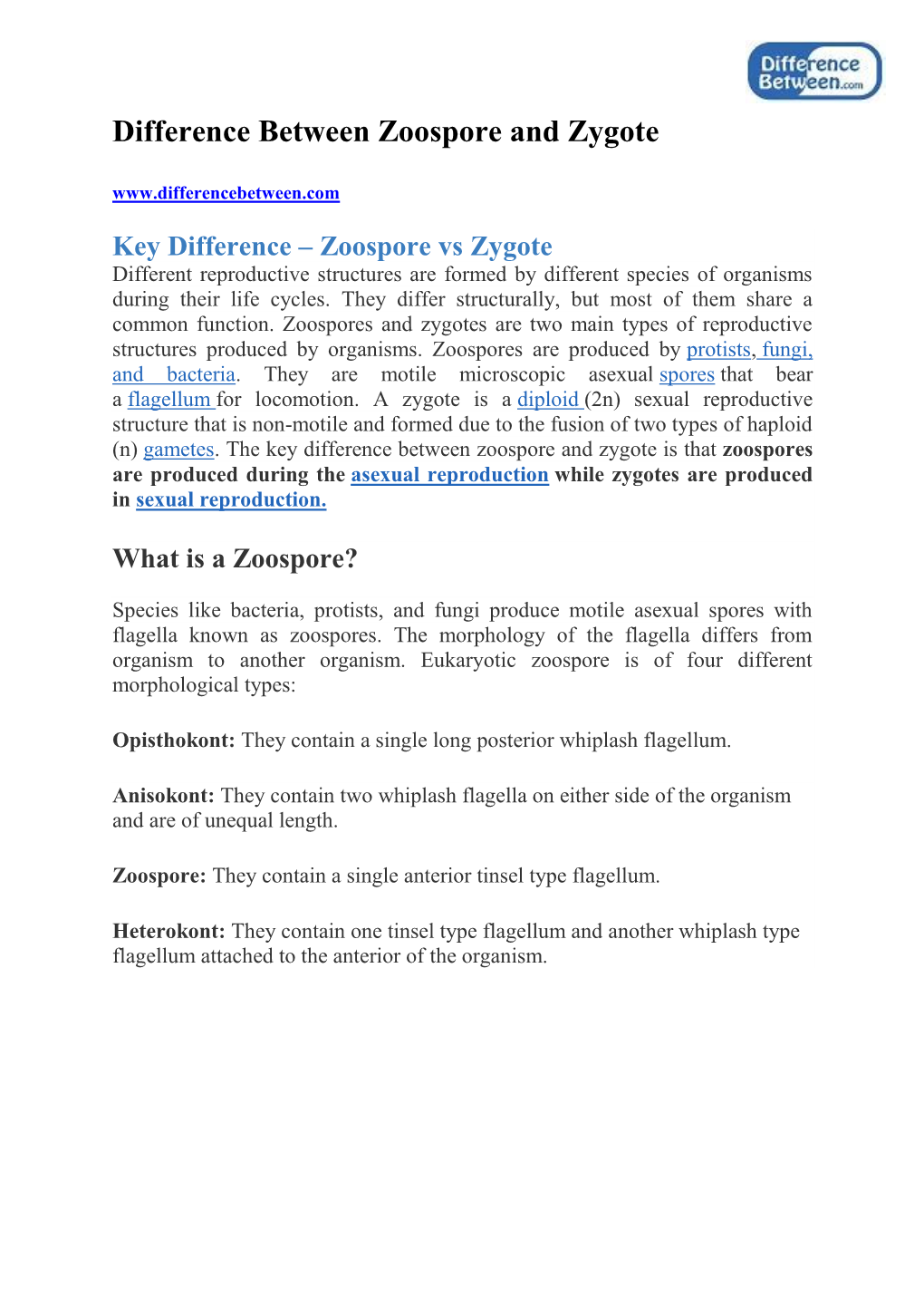 Difference Between Zoospore and Zygote