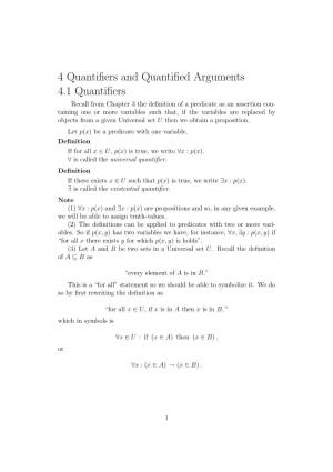 4 Quantifiers and Quantified Arguments 4.1 Quantifiers