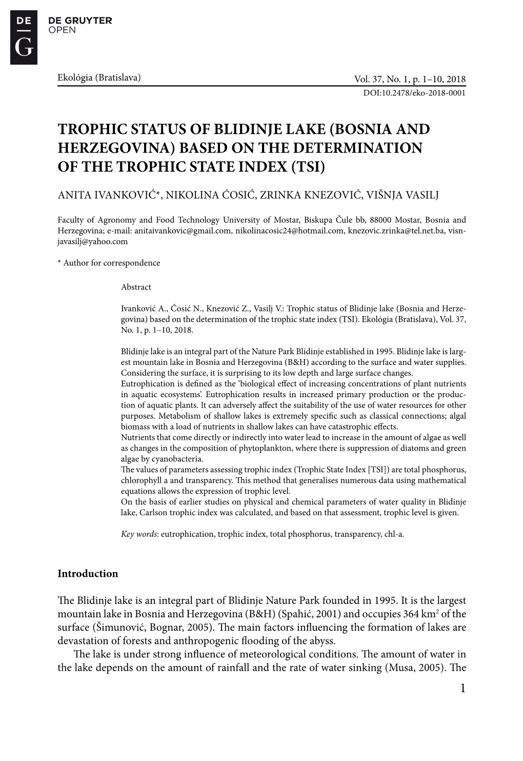 Trophic Status of Blidinje Lake (Bosnia and Herzegovina) Based on the Determination of the Trophic State Index (Tsi)