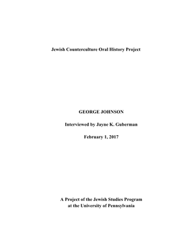 Jewish Counterculture Oral History Project GEORGE JOHNSON