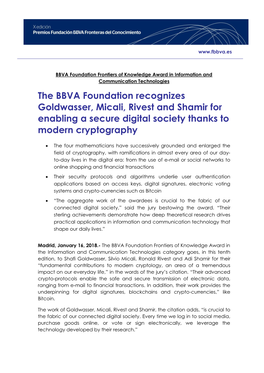 The BBVA Foundation Recognizes Goldwasser, Micali, Rivest and Shamir for Enabling a Secure Digital Society Thanks to Modern Cryptography