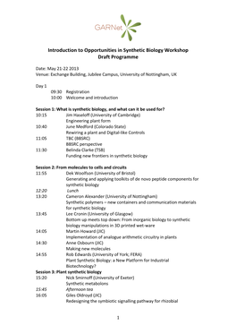 Introduction to Opportunities in Synthetic Biology Workshop Draft Programme