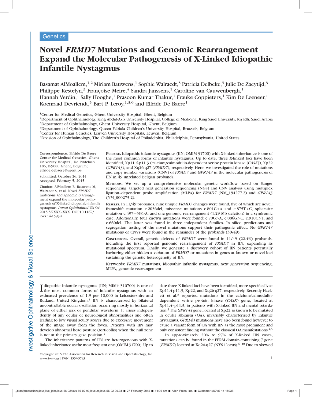 Novel FRMD7 Mutations and Genomic Rearrangement Expand the Molecular Pathogenesis of X-Linked Idiopathic Infantile Nystagmus