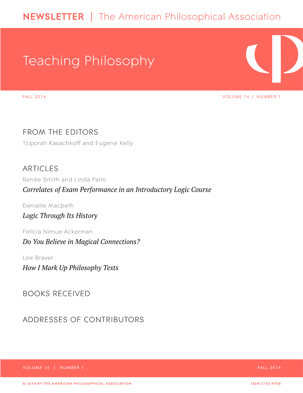 APA Newsletter on Teaching Philosophy, Vol. 14, No. 1 (Fall 2014)