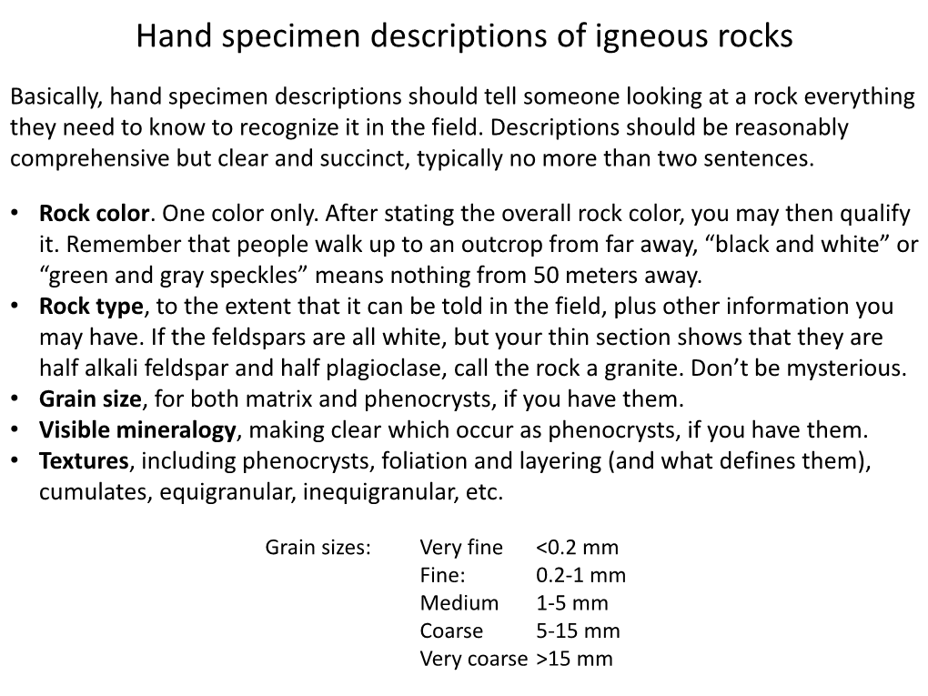 Hand Specimen Descriptions of Igneous Rocks