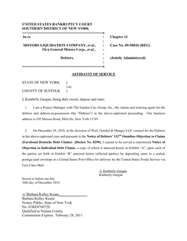 UNITED STATES BANKRUPTCY COURT SOUTHERN DISTRICT of NEW YORK ------X in Re : Chapter 11 : MOTORS LIQUIDATION COMPANY, Et Al., : Case No