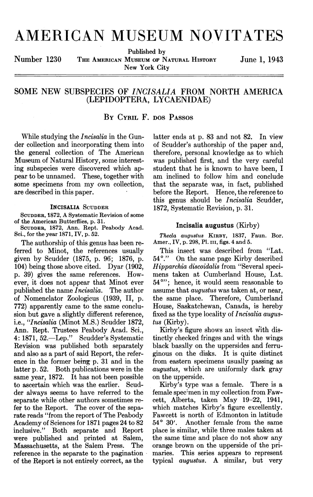 AMERICAN MUSEUM NOVITATES Published by Number 1230 the AMERICAN MUSEUM of NATURAL HISTORY June 1, 1943 New York City