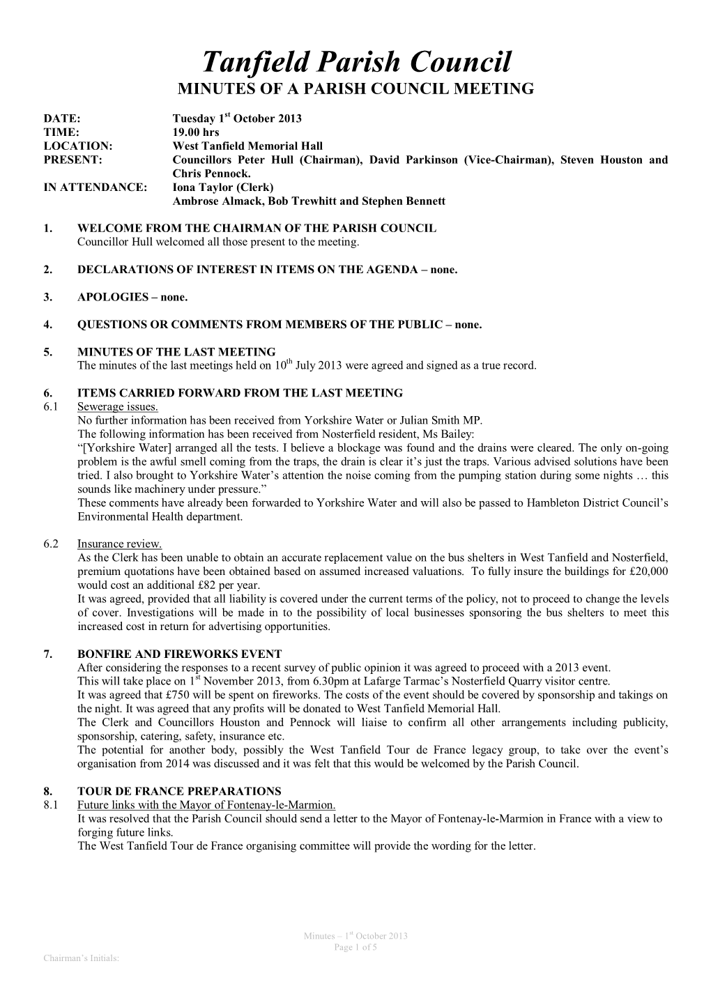 Tanfield Parish Council MINUTES of a PARISH COUNCIL MEETING