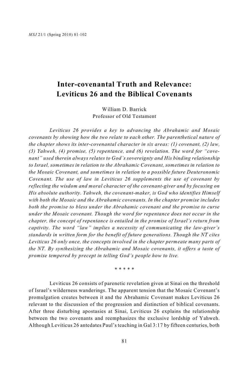 Inter-Covenantal Truth and Relevance: Leviticus 26 and the Biblical Covenants