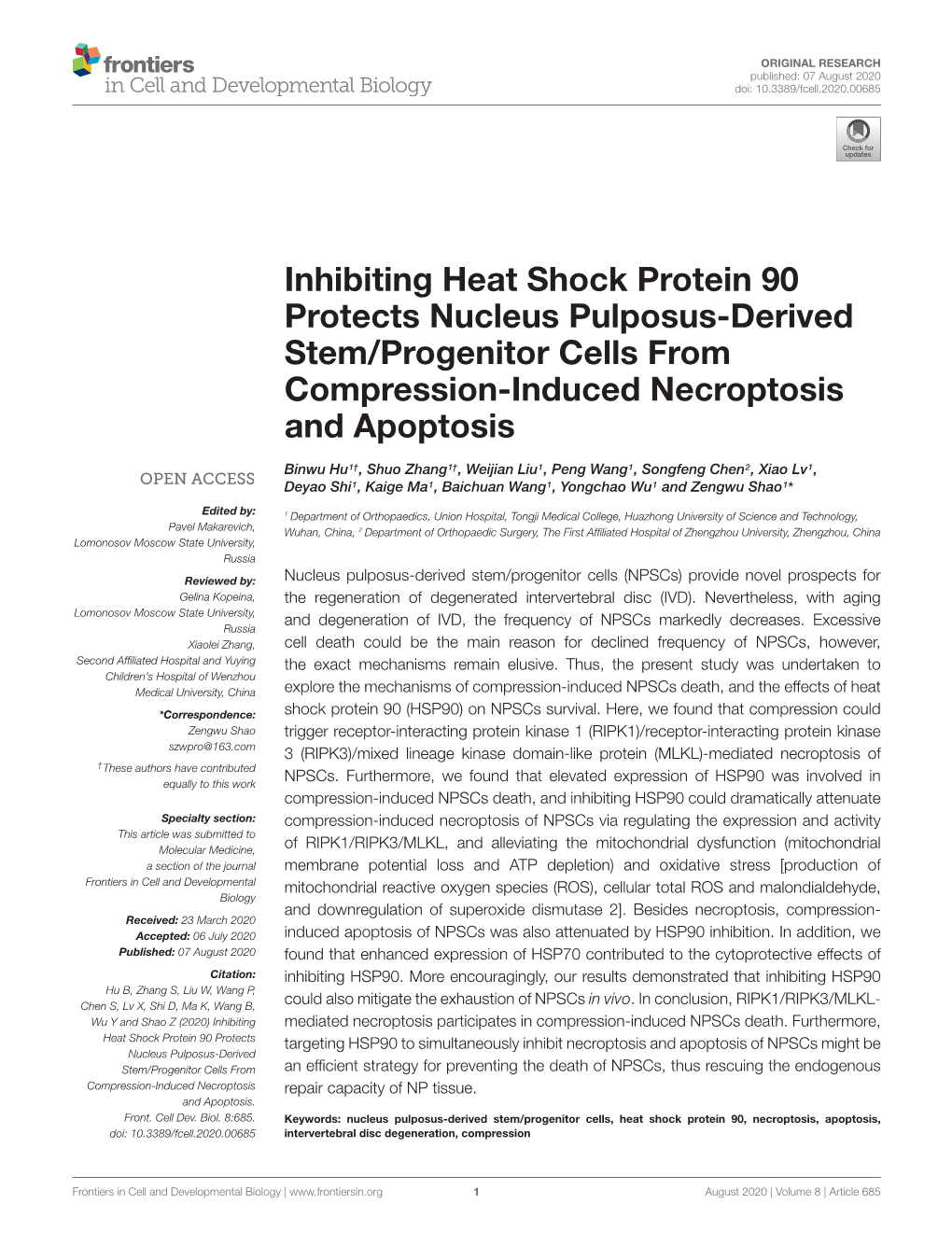 Inhibiting Heat Shock Protein 90 Protects Nucleus Pulposus-Derived Stem/Progenitor Cells from Compression-Induced Necroptosis and Apoptosis