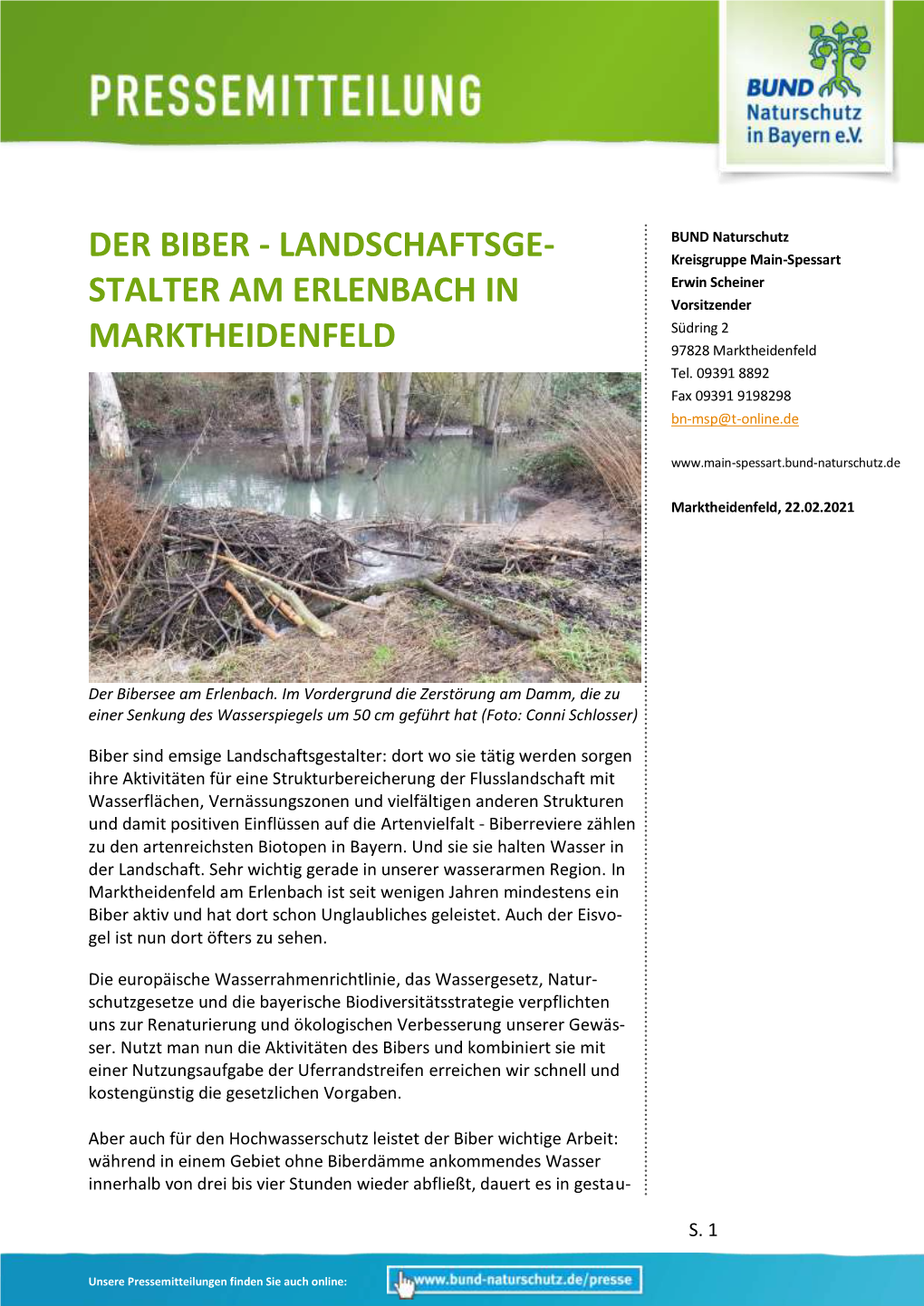 DER BIBER - LANDSCHAFTSGE- Kreisgruppe Main-Spessart Erwin Scheiner STALTER AM ERLENBACH in Vorsitzender Südring 2 MARKTHEIDENFELD 97828 Marktheidenfeld Tel