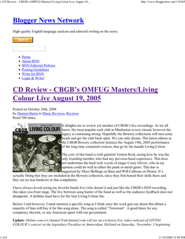 CD Review - CBGB’S OMFUG Masters/Living Colour Live August 19