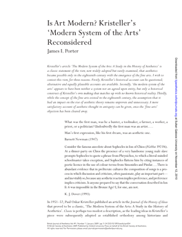 Is Art Modern? Kristeller's ' Modern System of the Arts ' Reconsidered