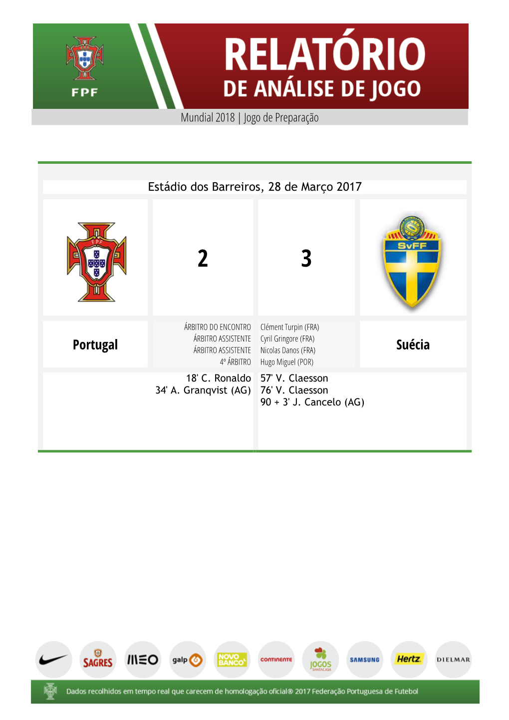 Portugal Suécia Cartões Subs Golos Min Jogadores Min Golos Subs Cartões