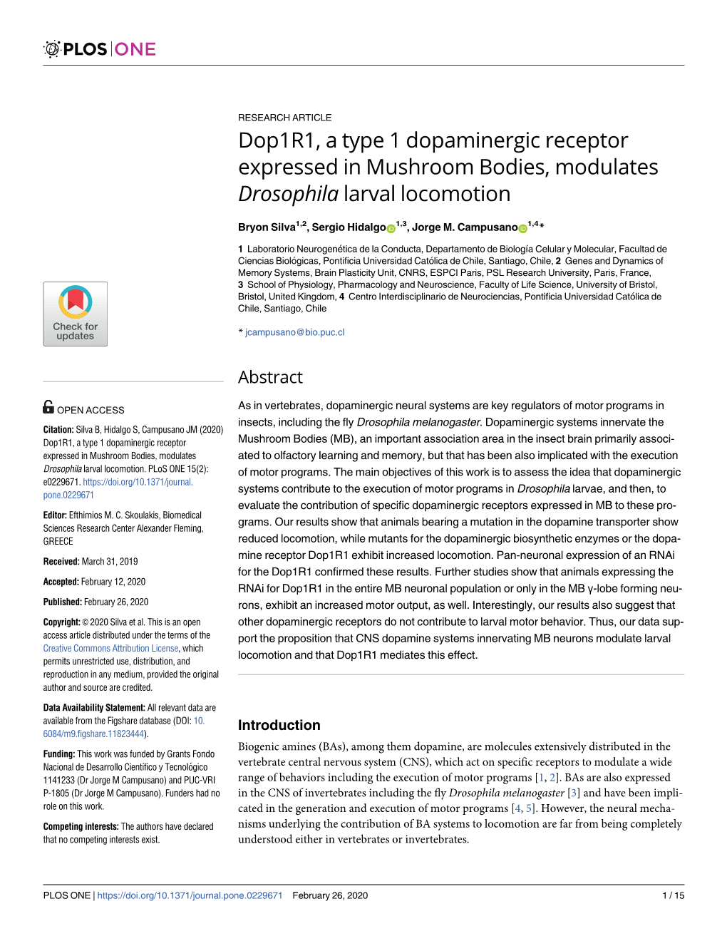 Dop1r1, a Type 1 Dopaminergic Receptor Expressed in Mushroom Bodies, Modulates Drosophila Larval Locomotion