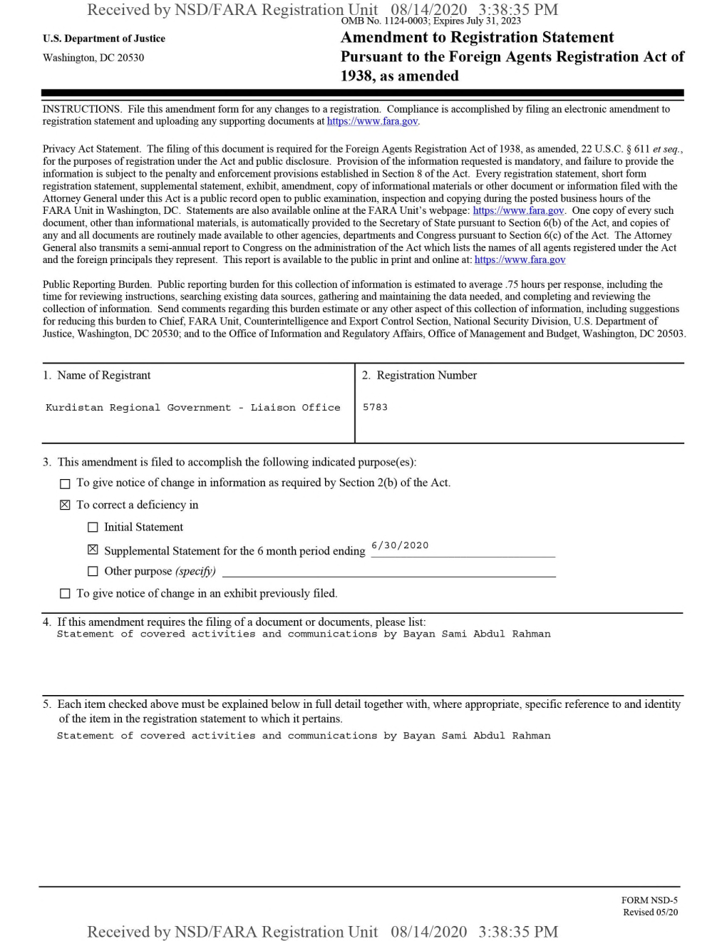 Amendment to Registration Statement Washington, Dc 20530 Pursuant to the Foreign Agents Registration Act of 1938, As Amended