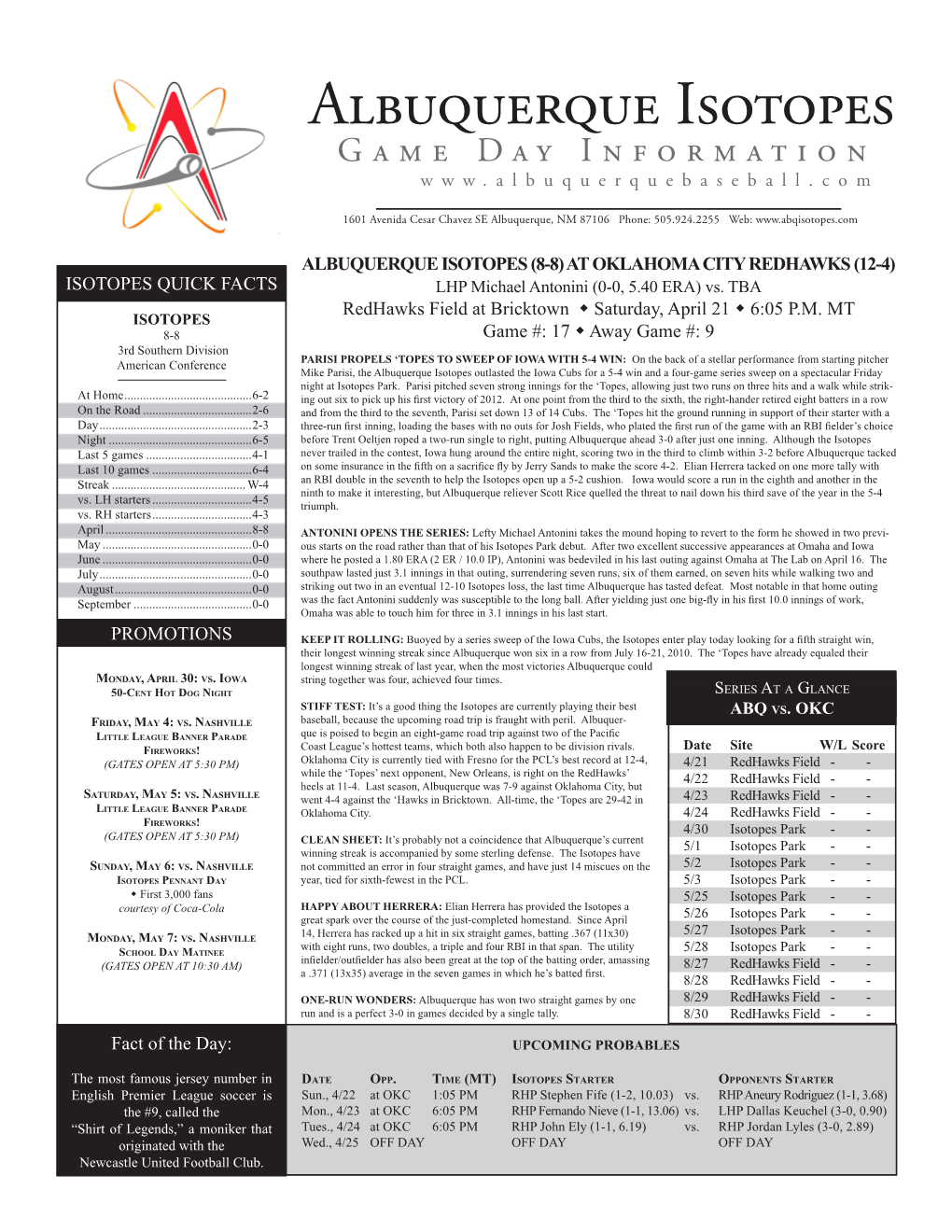 Albuquerque Isotopes Game Day Information