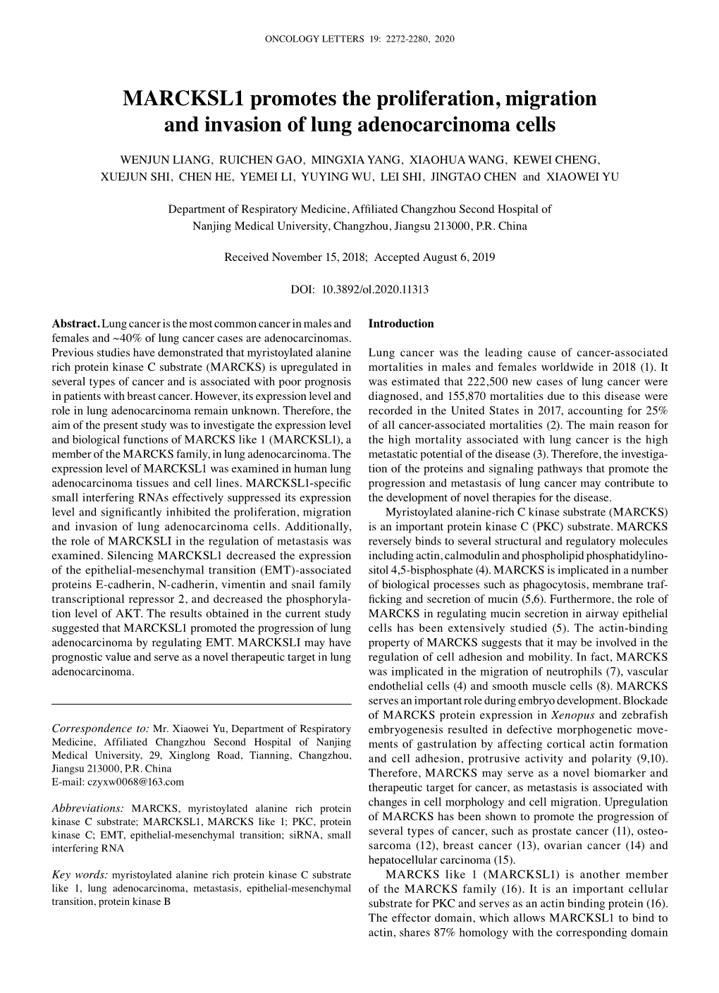 MARCKSL1 Promotes the Proliferation, Migration and Invasion of Lung Adenocarcinoma Cells