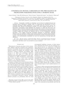 Controls of Spatial Variation in the Prevalence of Trematode Parasites Infecting a Marine Snail