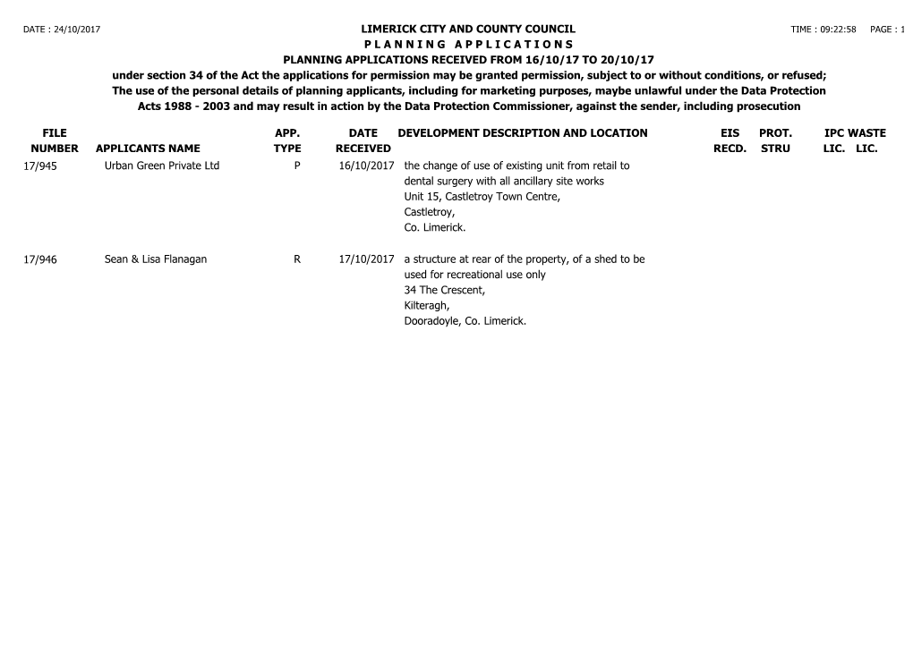 File Number Limerick City and County Council P L a N N I N G a P P L I C a T I O N S Planning Applications Received from 16/10