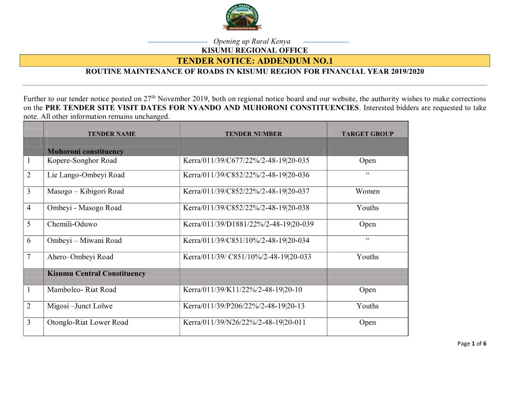 Tender Notice: Addendum No.1 Routine Maintenance of Roads in Kisumu Region for Financial Year 2019/2020