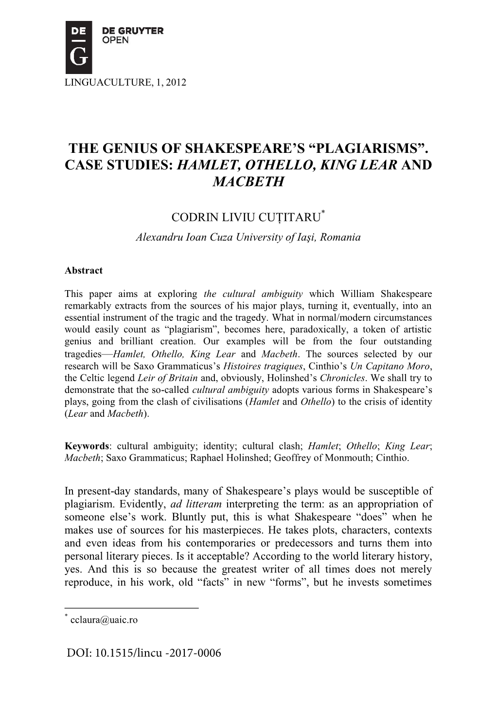 The Genius of Shakespeare's “Plagiarisms”. Case Studies: Hamlet, Othello, King Lear and Macbeth