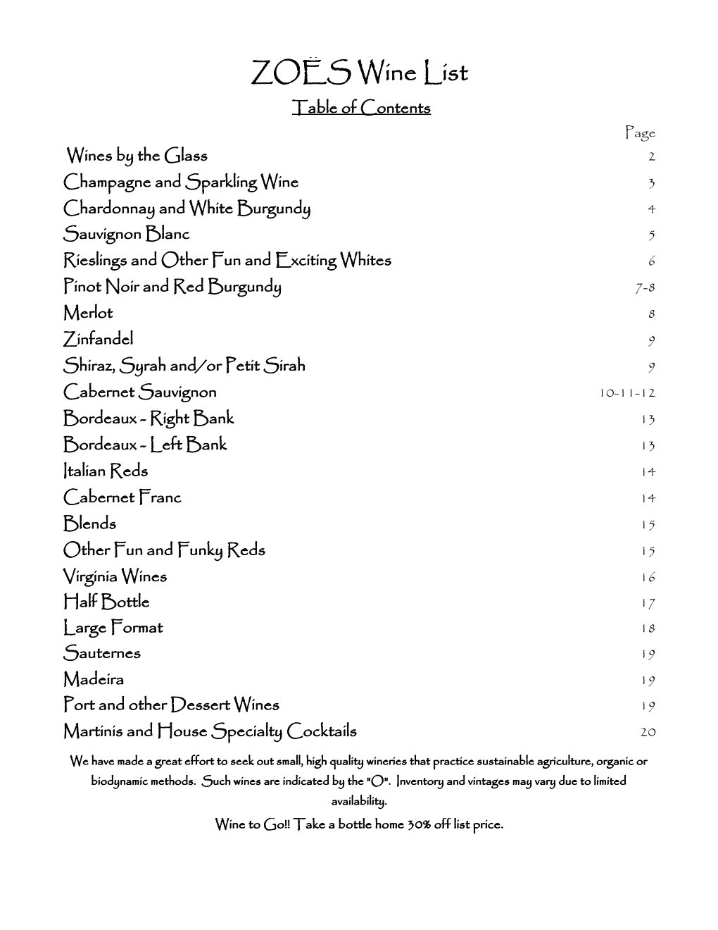 ZOËS Wine List