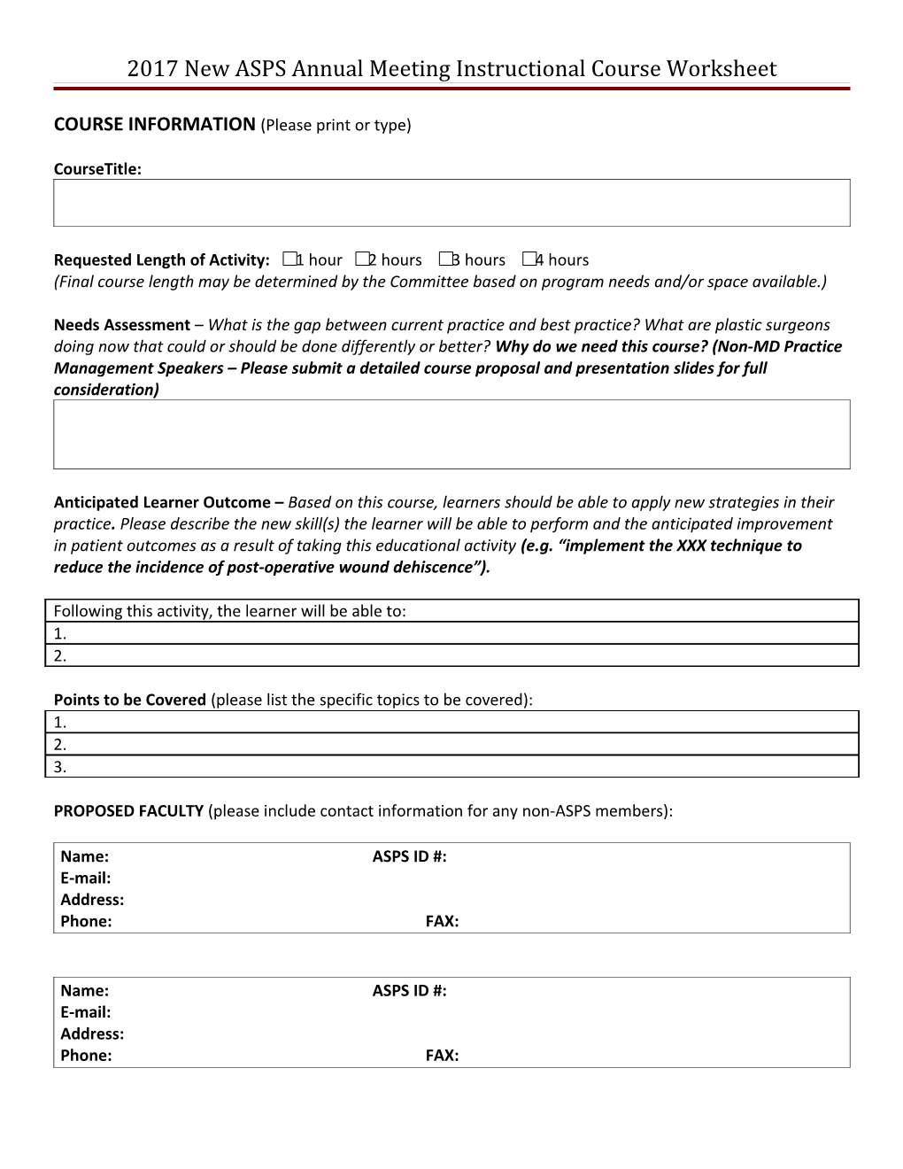 2015 New ASPS Annual Meeting Instructional Course Worksheet