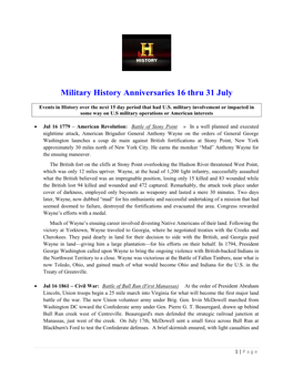 Military History Anniversaries 16 Thru 31 July