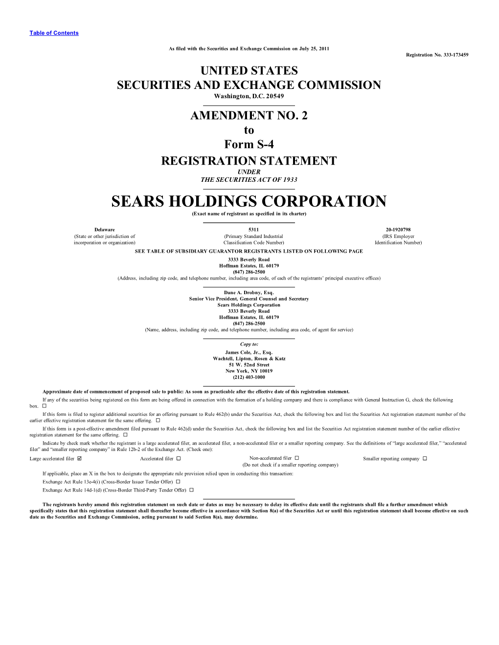 SEARS HOLDINGS CORPORATION (Exact Name of Registrant As Specified in Its Charter)